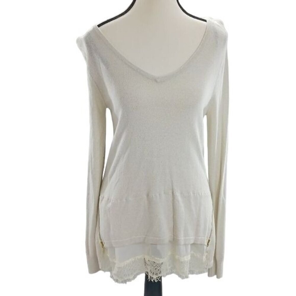 BKE Boutique Womens Sweater Small Cream Lace Hem Layered V Neck Lightweight